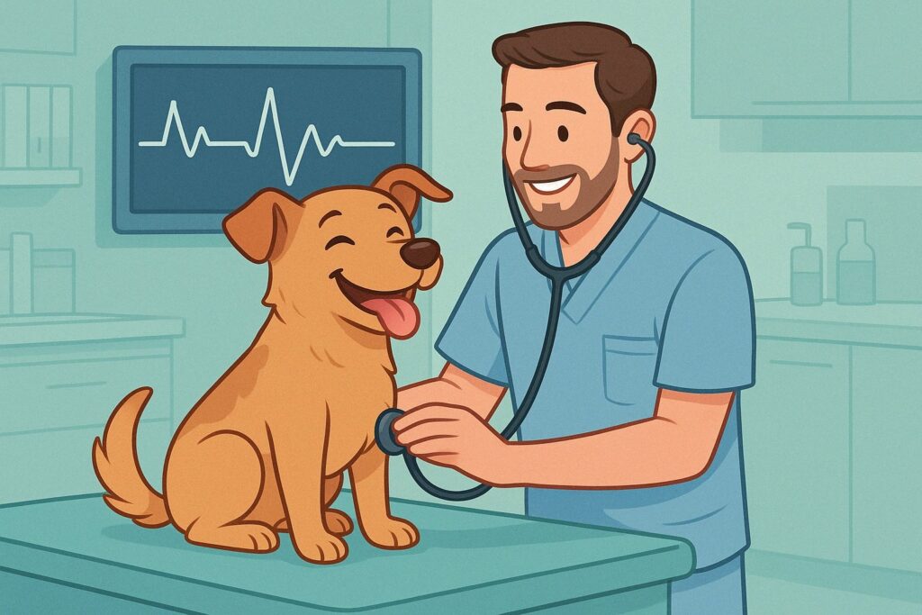 Ilustração de cão feliz sendo auscultado pelo veterinário cardiologista