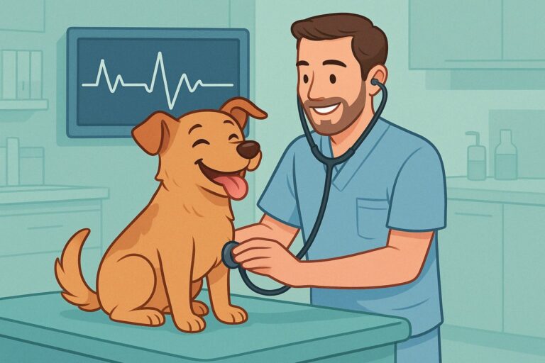 Ilustração de cão feliz sendo auscultado pelo veterinário cardiologista