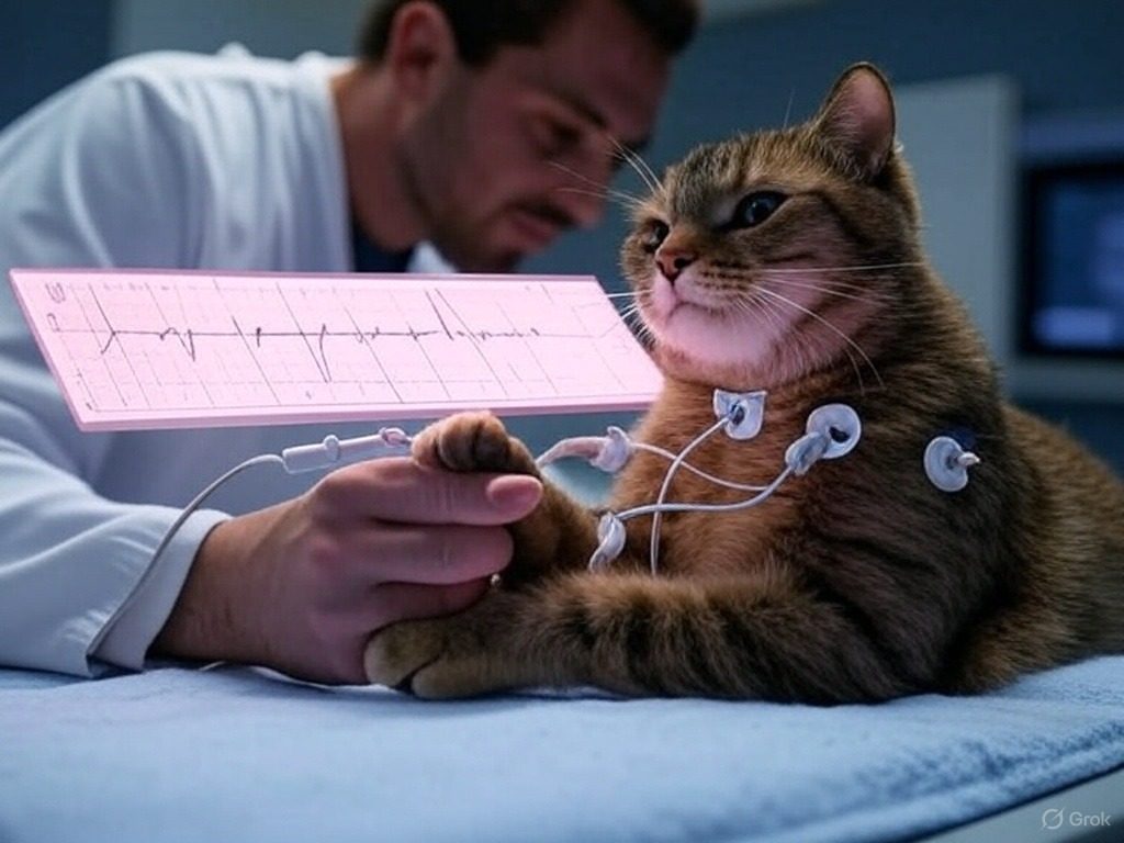 Gato durante o exame de eletrocardiograma na cardiologia veterinária