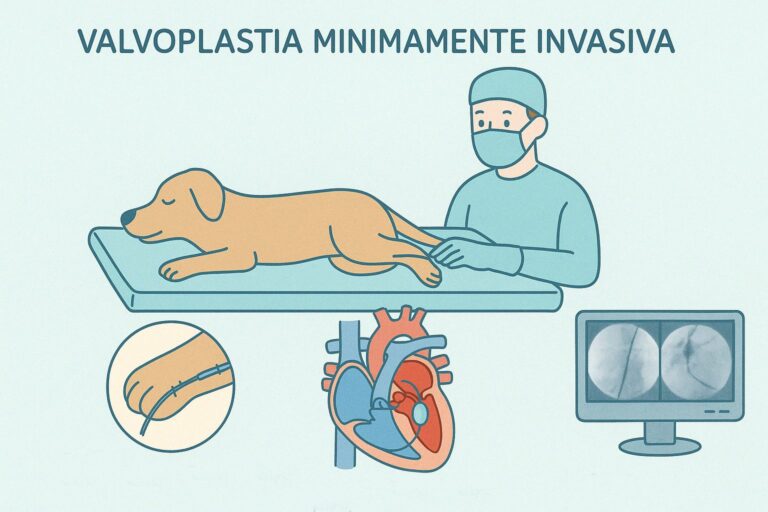 Ilustração do procedimento de valvoplastia minimamente invasiva em um cão