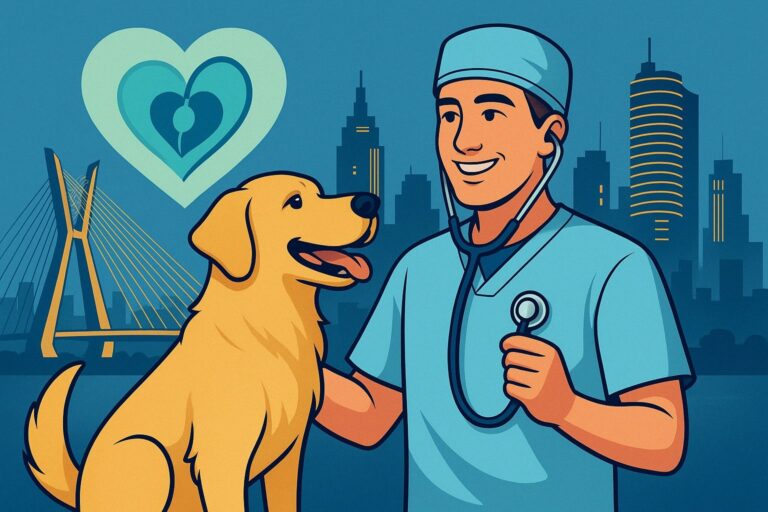 Ilustração de veterinário com um golden retriever em São Paulo, com a ponte estaiada ao fundo