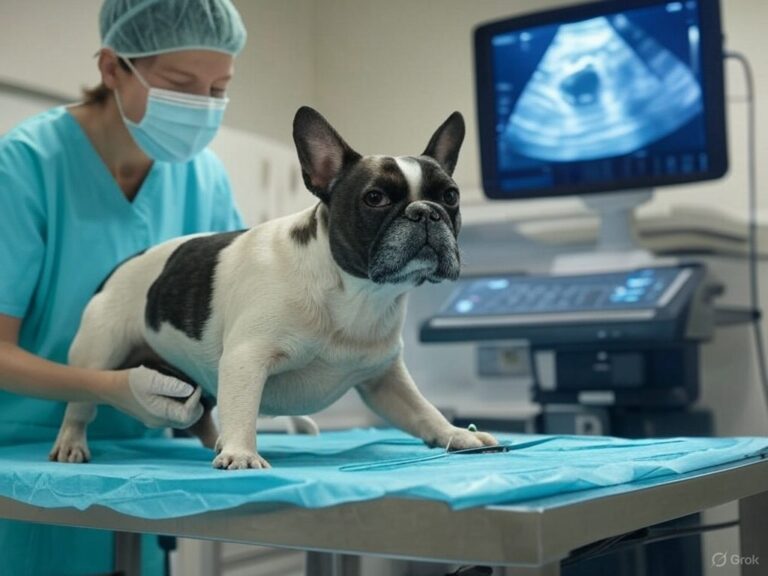 Buldogue francês em exame de ecocardiograma antes da valvoplastia minimamente invasiva